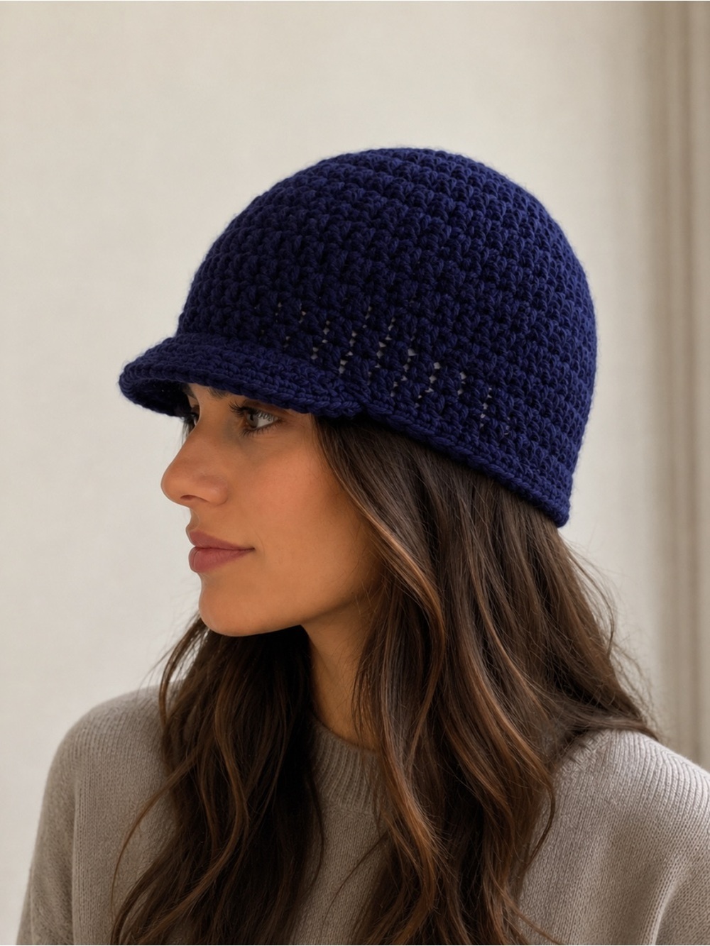 Navy Crochet Brim Beanie - Women Accessories Size-OS Boho Crochet